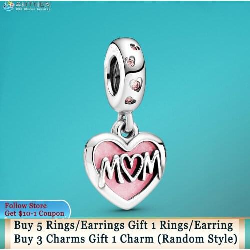 Ahthen 925 Sterling Silver Beads Mum Script Heart Dangle Charms fit Original Pandora Bracelets for Women Jewelry Making