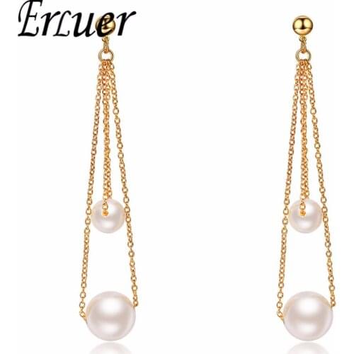 ERLUER Drop Earring For Women Fashion Long Chain Rose Gold Color Simulated-pearl Charm Dangle Earrings Wedding Bridal Jewelry