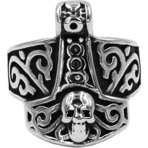 Norse Tribal Symbol Myth Thor Hammer Ring 316L Stainless Steel Jewelry Celtic Knot Biker Skull Mens Ring Wholesale 759B