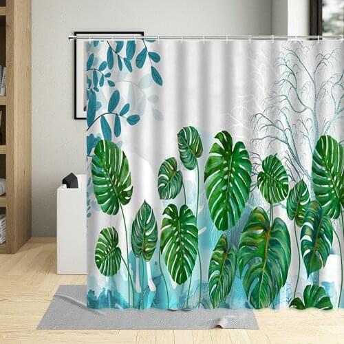 Tropical Plant Green Palm Leaf Shower Curtain Cartoons Bathroom Decor Waterproof Polyester Fabric Curtains Screen With 12 Hooks