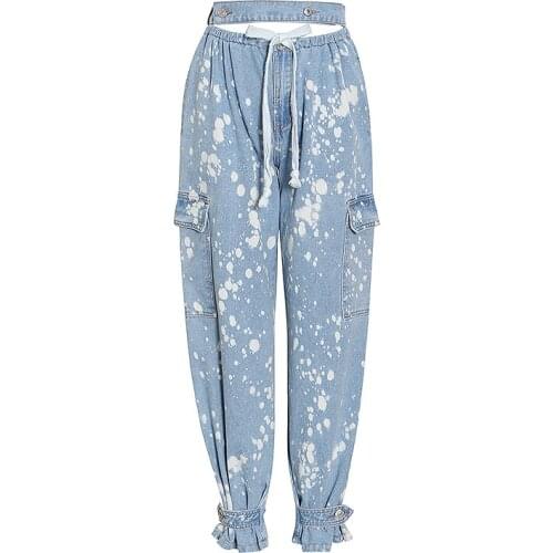 100cm Length High Waist Tie-Dyed Denim Pants Women Cowboy Style High Street Jeans Boyfriend Trousers