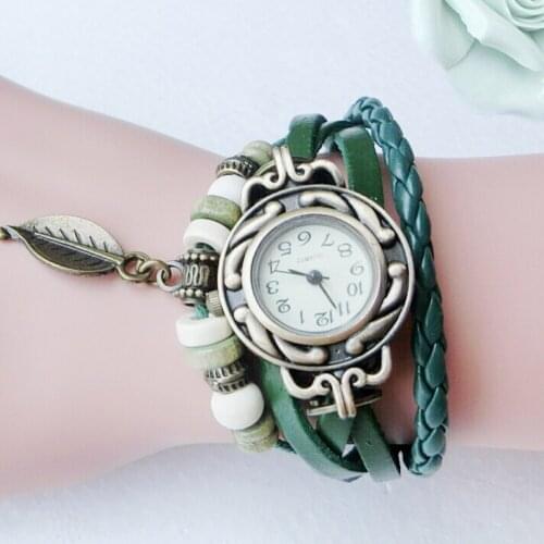 Hot Fast 2021 Women Children Retro Leatherwinding Bracelet Leaf Pendant Watch Quartz Wrist Watches Women Valentine Gift Luxury