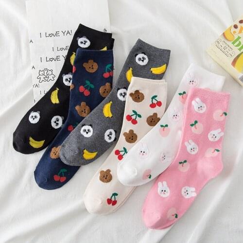 Socks Women Panda Painting Bear Rabbit Banana Peach Cherry Prints Cotton Happy Tide Socks Short hip hop Streetwear Kawaii Sox