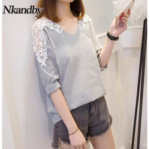 Nkandby Plus Size Women V-neck Shirts 2021 Summer Fashion Striped Embroidery Lace Splicing Blouse Short Sleeve Korean Style Tops