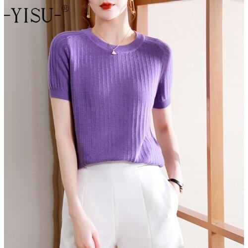YISU 2021 Women Simple summer Thin section Wool Sweater O-Neck Female Casual Jumper Solid color Short sleeve Knitted Pullover
