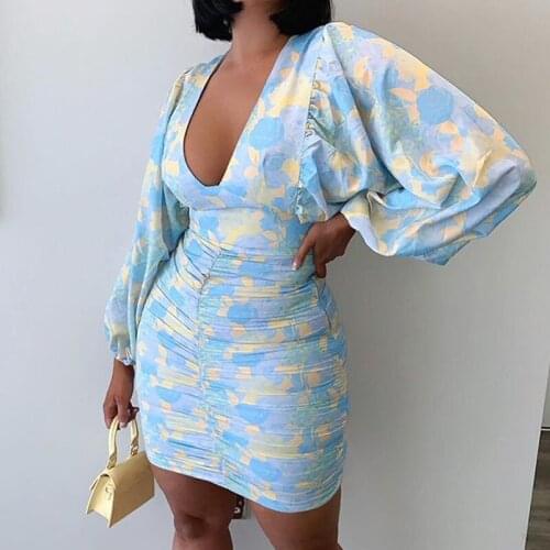 Women V-Neck Floral Print Dress Autumn Ladies Long Sleeve Mini Dress Blue Red White