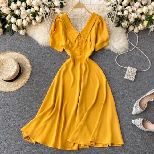 Spring French Vestidos Female V-neck Puff Sleeve Slim Slimming Pure Color Sweet and Age-reducing Temperament Midi Dress C718
