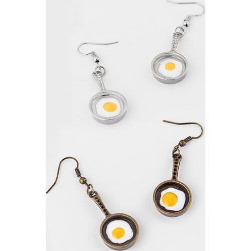 1Pair Silver Color Brown Cute Pans Fried eggs Charms Omelette Pan Pendants Earrings Jewelry For Women Girl