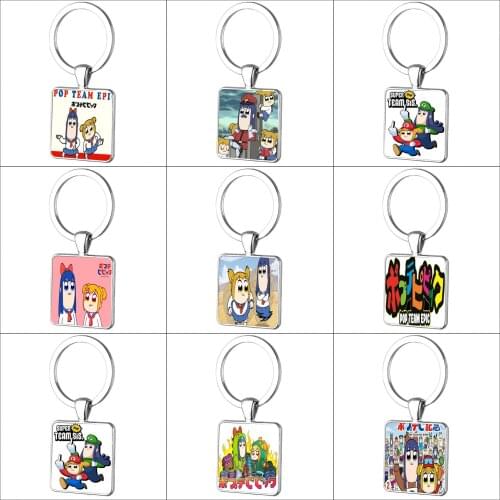 Anime Pop Team Epic Keychain Images Glass Cabochon Square Pendant Custom DIY Keyrings Holder Kids boy girl Gift