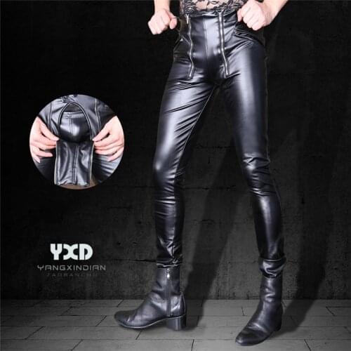 Mens Leather Pants Man Double Zipper Open Crotch Biker Leather Trousers For Men Spliced Moto Pants Male Leggings Punk Clothing