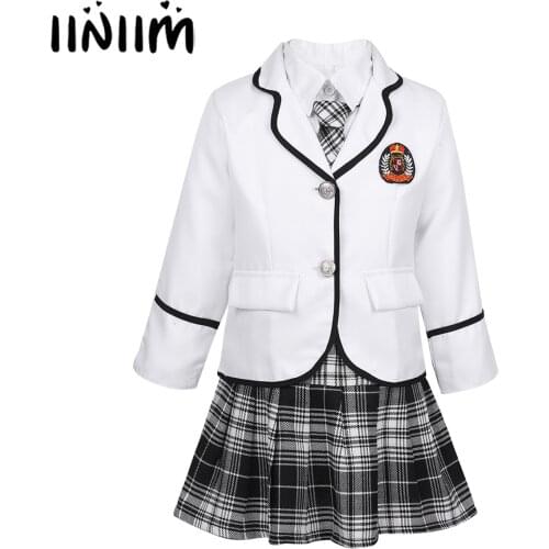 Iiniim Kids Girls British Japanese School Uniform Anime Costume Suit Long Sleeve Coat with Shirt Tie Mini Skirt Student Clothing