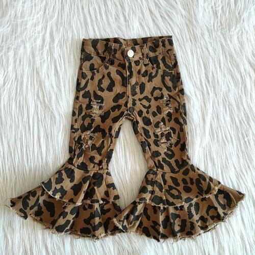 Fashion children ruffle denim pants baby girls best selling leopard jeans girl sweet long pants with button