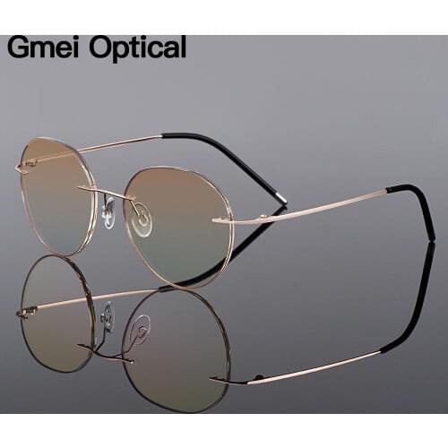 Gmei Optical Golden Titanium Alloy Rimless Women Glasses Frame Gradient Tinted Plano Lenses Coloured Border Mens Eyewear Q90020