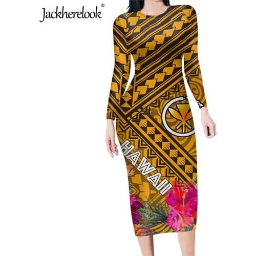 Jackherelook Kanaka Maoli Samoa Hawaiian Hibiscus Print Vintage Elegant Bodycon Pencil Dresses for Womens Long Sleeve Slim Dress