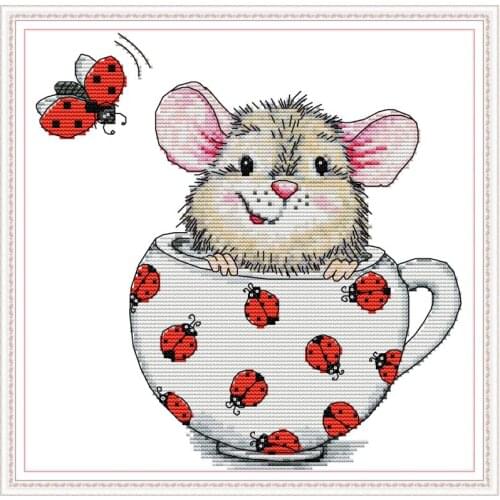 Joy Sunday Mouse In The Cup Counted 14CT Cross Stitch DIY Set Print on Canvas DMC Chinese Cross Stitch Embroidery Kit Home Decor