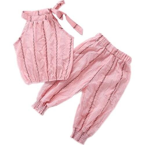 Kids Girls' summer new linen stripe vest clothing set pink white school party Beach 2pc clothes sets