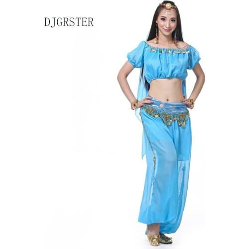 DJGRSTER 4pcs/set 2020 New Belly Dancing Costumes Top+Pants+Hand Chain+Veil Suit Indian Dance Indian Clothes Belly Dance Costume