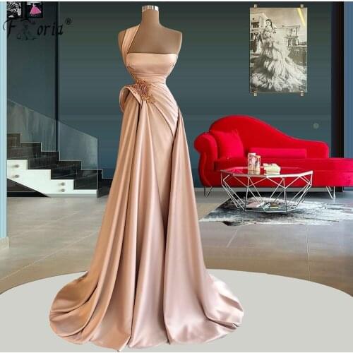 Beautiful Long Pink Satin Evening Dresses 2021 One Shoulder Beads Pleats High Slit African Women Party Night Formal Gowns Robes