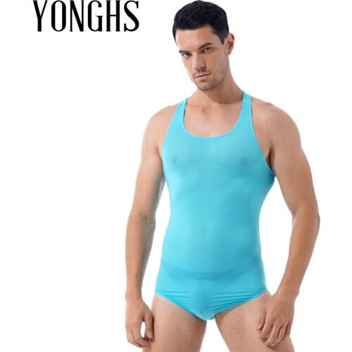 Men Sexy Bodycon Bodysuit Solid Color Stretchy Swimwear Swimsuit Round Neck Sleeveless Skinny Jumpsuit Leotard Wrestling Singlet