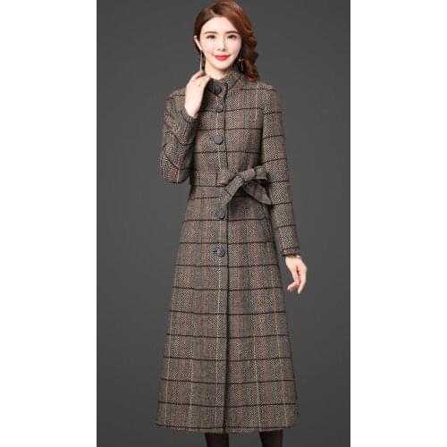 2021 Autumn Winter Women Plaid Wool Coat New Fashion Long Woolen Coat Slim Female Warm Trench Coat Female Outwear