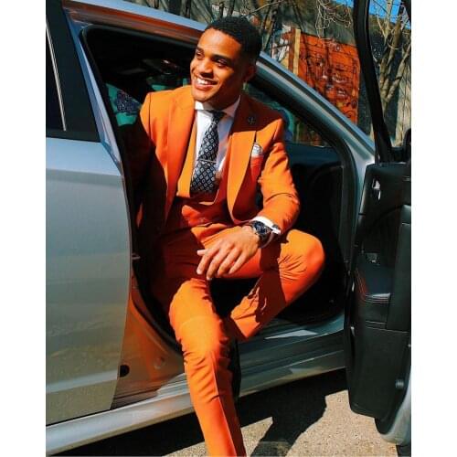 Jacket+Pants+Vest) Causul Slim Fit Formal Business Male Suit Orange Peak Lapel Tuxedo Wedding Man Blazer 3 Piece Custom Made