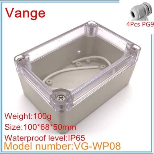 Promotional packages molded injection IP65 waterproof ABS plastic box enclosure with 4pcs PG9 waterproof cable gland 100*68*50mm