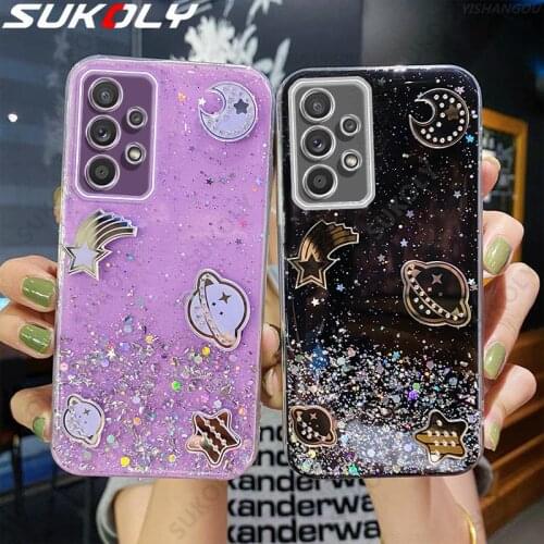 Luxury Glitter Silicone Phone Case For Samsung Galaxy A52 A72 A32 A22 5G S21 Ultra S20 FE A51 A71 Clear Bling Planet Back Cover