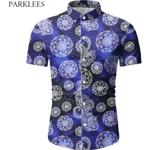 Hipster Palace Floral Print Men Shirt Bright Starry Sky Mens Short Sleeve Shirts Casual Button Shirt for Men Social Streetwear