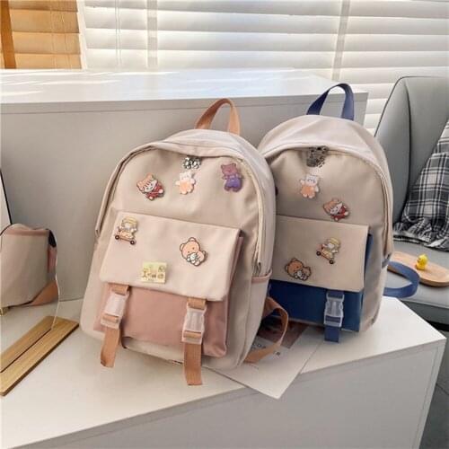 Women Fashion Preppy Style Hit Color Backpack with Badge Students Girls School Bag Casual Large Capacity Handbags Rucksack