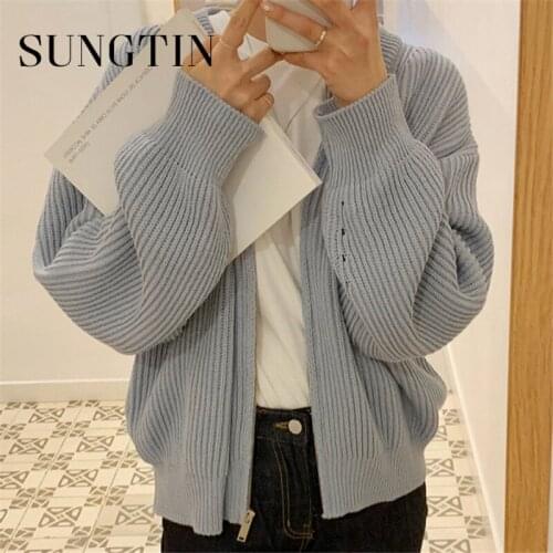 Sungtin Korean Fashion Zip Women Ribbed Cardigan Sweater Vintage Soft All Match Female Knitted Cardigan Solid Spring New Outwear