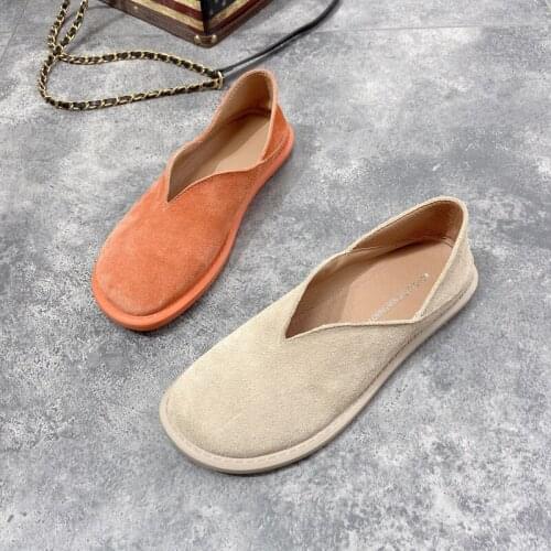 Doudou shoes womens spring and autumn new simple retro style round head shallow shoes leather casual shoes flat bottom