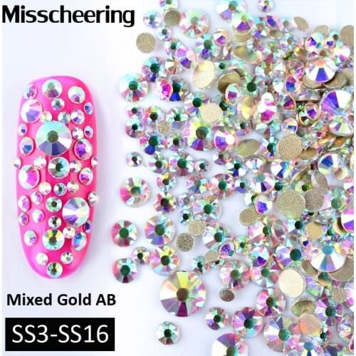 1Pack Mixed(SS3-SS16) Crystal AB Nail Art Rhinestones Decorations Gold Flatback Glitter Glass Manicure Design Accessories