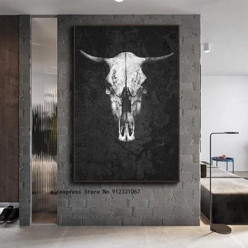 Vintage mural black and gray animal bull head skull poster and print mural pictures for living room home decoration