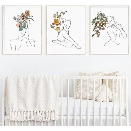 Female Head Flower Woman Line Art Prints Gallery Wall Minimalist Canvas Painting Feminine Body Wall Art Poster Picture Bedroom