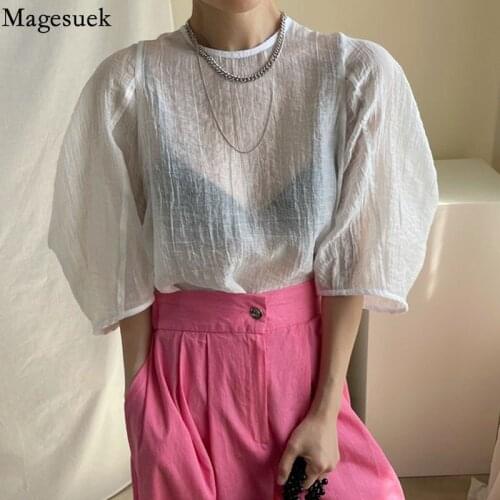 Casual Slightly See-through Base Women Blouse Loose Lantern Sleeve Chiffon Shirts Sexy Summer Pleated Tops White Blusas 15550