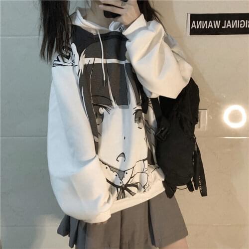 Women sweatshirts autumn winter comics print hoodies girls plus velvet thick loose long sleeved clothes ins streetwear pullovers