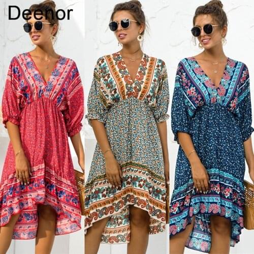 Deenor Ladies Dresses V-neck Irregular Dress Summer Sexy Open Back Floral Dress Casual Boho 2021 Fashion Women Irregular Dress