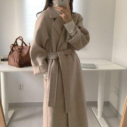 Women Elegant Long Wool Coat Solid Color Autumn Winter Office Ladies Long Sleeve Notched Loose Pocket Chic Outerwear With Belt