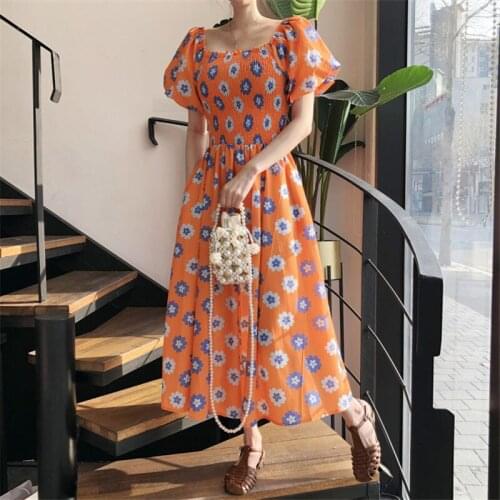 Fashion Print summer woman dress Square collar High Waist Korean style dresses women puff Sleeves A-Line vestidos 2021