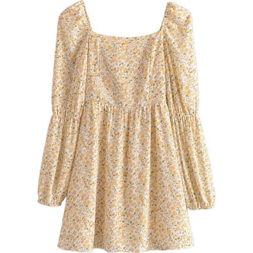 YENKYE Vintage Yellow Floral Print Holiday Summer Dress Women Sexy Square Neck Long Sleeve A-line Casual Chiffon Dress Short