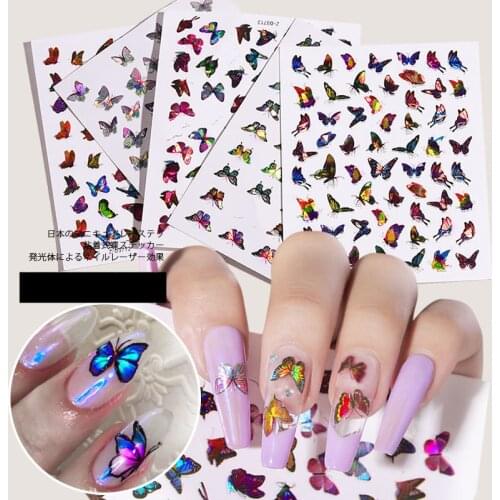 1Sheet Laser Color Butterfly Nail Art Stickers Holographic 3D Gradient Butterflies Adhesive Nail Decals DIY Manicure Decorations