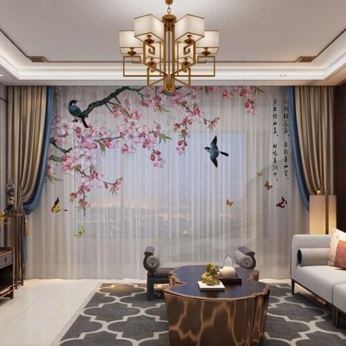 3D Photo Printed Customized Tulle Drape Panel Sheer Curtain for Living Room Bedroom Vintage Chiffon Voil Pltants Birds Flowers