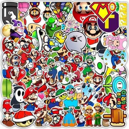 50PCS Super Mario Game Stickers PVC Removable Decals Classic Cartoon Motorcycle Car Scooter Super Mario Large