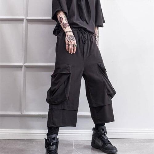 Mens slacks Spring slacks Overalls Mens hip hop faux two-piece stretch slacks black yamamoto style