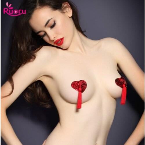 Ruoru 1 pair sexy sequin nipple covers with tassels heart shape nipple stickers pasties wholesale chest stickers Women Lingerie