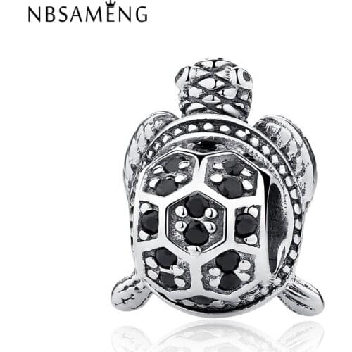 Authentic 925 Sterling Silver Bead Charm Vintage Cute Turtle With Crystal Beads Fit Bracelet Bangle DIY Jewelry