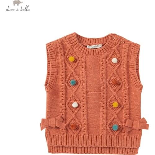 DBZ18511 dave bella autumn baby girls cute bow solid knitted coat children fashion sleeveless vest