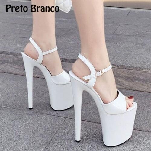 PRETO BRANCO2020 Women Fish Toe Black White Sexy Super High Heels Sandals Model T Station 20CM Stage Catwalk Sandals JXQ