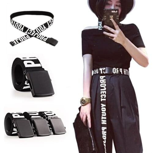 Youth Project Woman Gothic Street Punk Long Canvas Belt Letters Printed Loop Shaped Mental Buckle Jeans Waist Belts 368