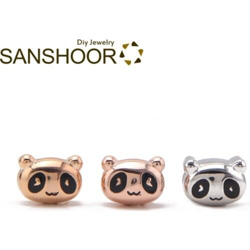 SANSHOOR Plain Panda Head Slide Charms Fit 8mm Width Wrap Wristband Leather Keeper Bracelet Collection For Women Childs 6Pcs
